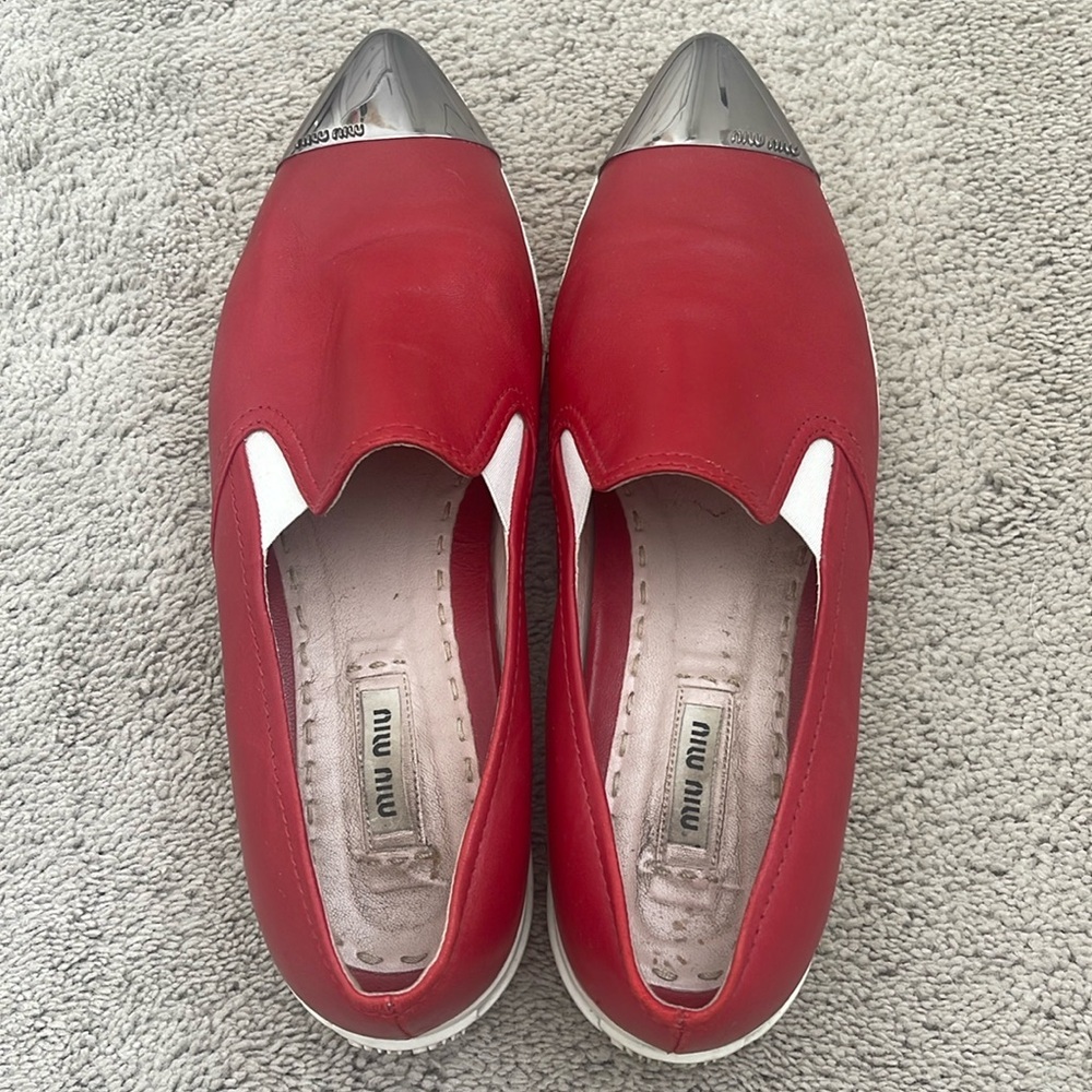 Miu Miu Pointed Metal Cap Toe Skate Red Leather Sneakers Size 10 (40)